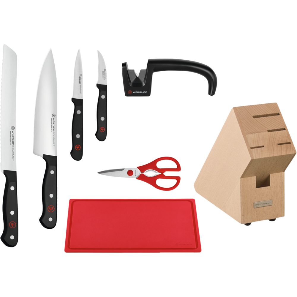 Blok se 4 noži, nůžkami, brouskem a prkýnkem