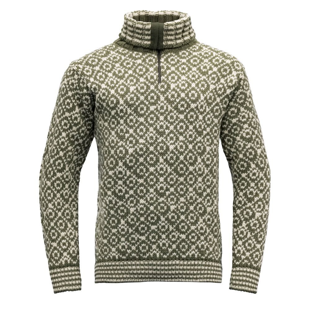 Svalbard Wool Zip Neck, Olive/Offwhite