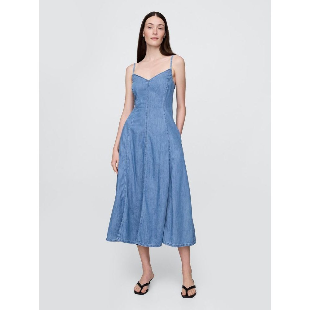 770415-00 Džínové maxi šaty s kapsami Modrá