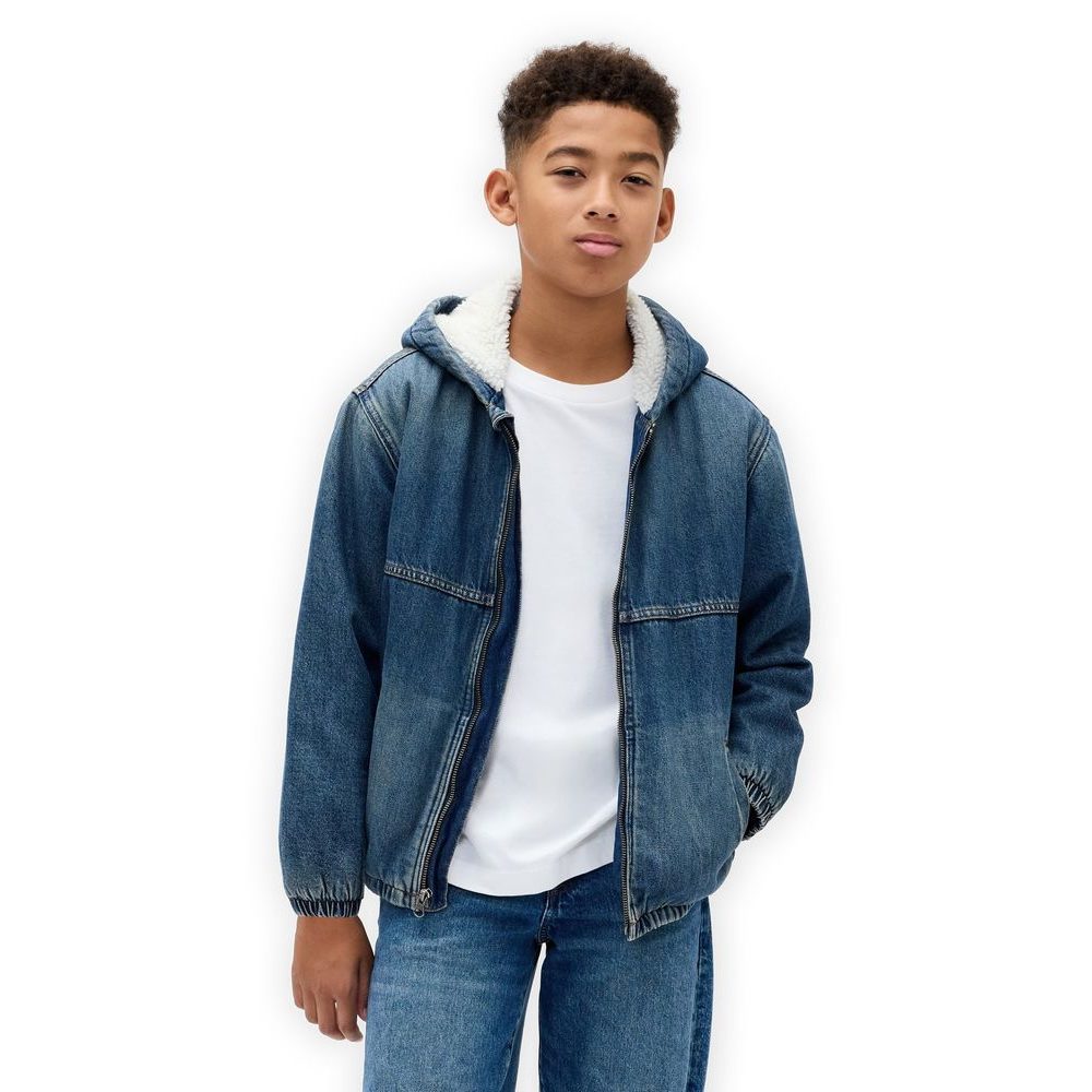 819224-00 Dětská zateplená sherpa džínová bunda Tmavě modrá