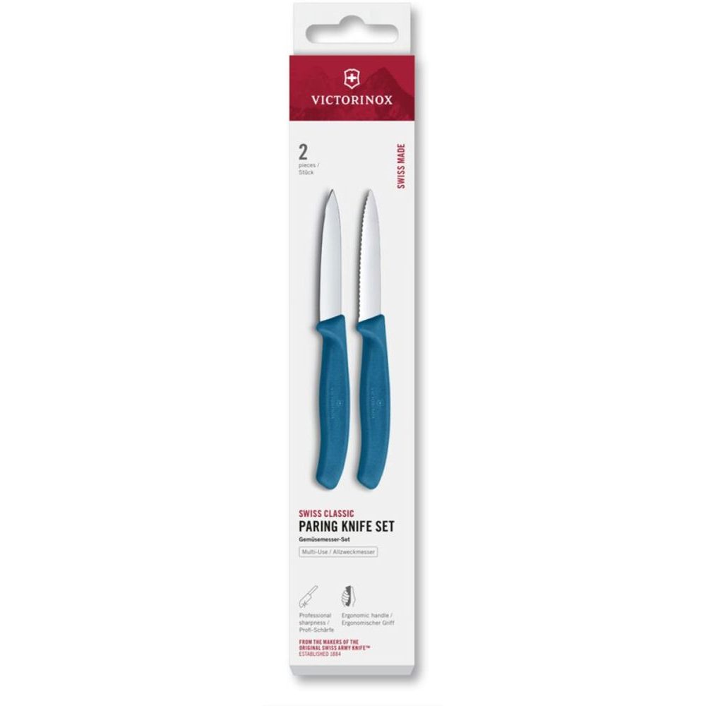 Swiss Classic, paring knife set, 2pcs, 8cm, straight/wavy, pointed tip, blue, box