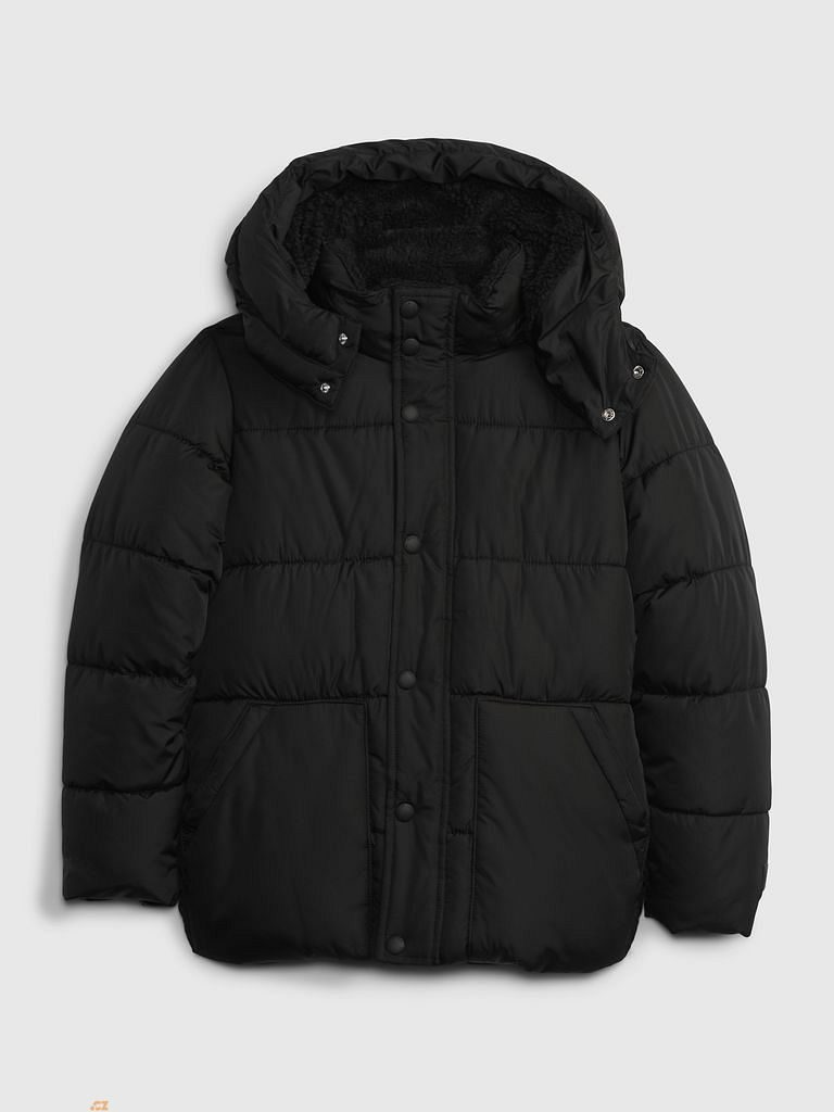 428491-00 Dětská zimní bunda s kožíškem Černá - Dětská jednobarevná zimní  bunda - GAP - 1 889 Kč