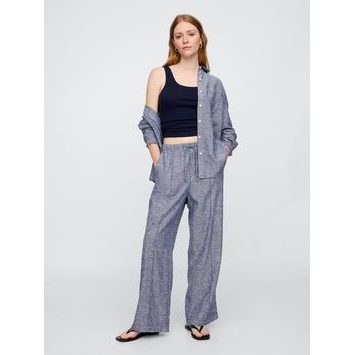 GAP 713381-04 Lněné kalhoty Wide-leg Modrá