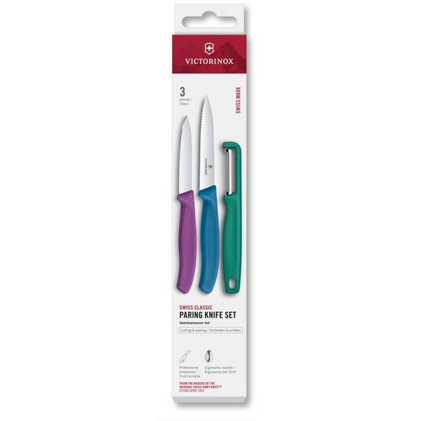 Swiss Classic, paring knife set with I-peeler, 3pcs, green/purple/blue, box