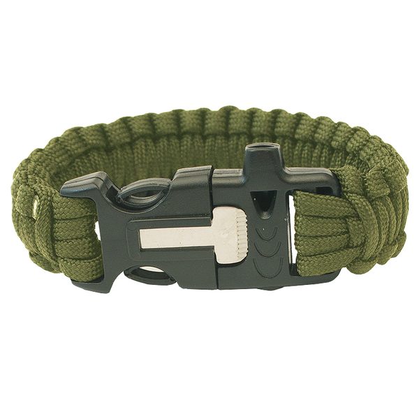 Paracord Náramek - trojzubec, píšťalka, křesadlo olivový
