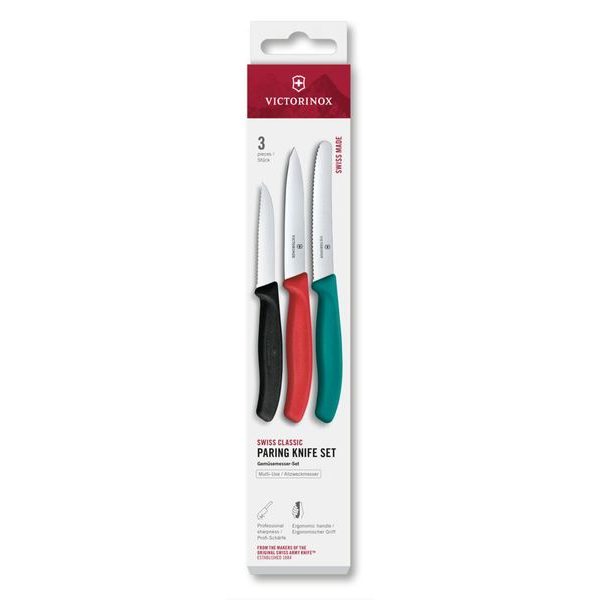 Swiss Classic, paring knife set, 3pcs, straight/wavy, green/red/black, box
