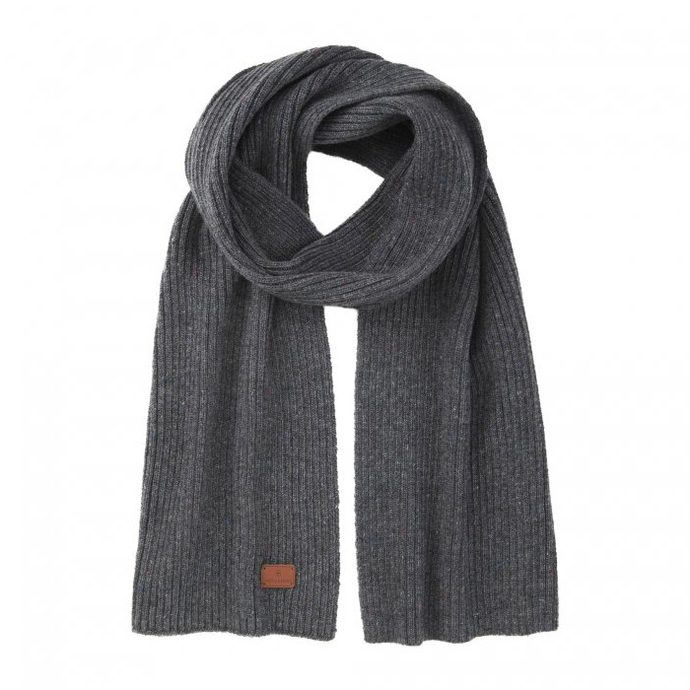 VICTORINOX Rib Knit Scarf with Victorinox Leather Patch, Dark Grey