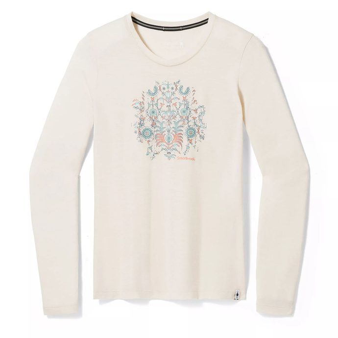 SMARTWOOL W FLORAL TUNDRA GRAPHIC LONG SLEEVE TEE, almond heather
