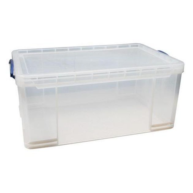 Ebal.cz - obalový materiál - Plastový úložný box s víkem na klip,  průhledný, 64 l - Plastové úložné boxy - Úložné a přepravní boxy, Boxy,  krabice, bedny, Nádoby, boxy a přepravky, Průmyslové prostory