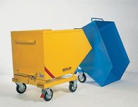 Pojízdný výklopný kontejner se sítem a výpustným kohoutem, s kapsami na vysokozdvižný vozík, objem 600 l, modrý