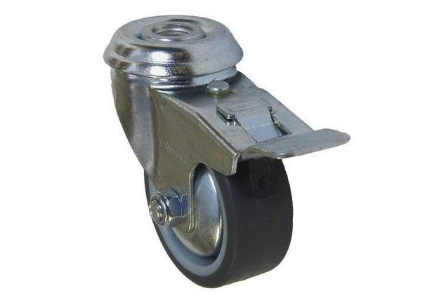 Gumové přístrojové kolo se středovým otvorem, průměr 50 mm, otočné s brzdou, kluzné ložisko