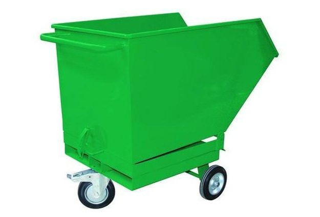 Pojízdný výklopný kontejner s kapsami pro vysokozdvižný vozík, objem 600 l, zelený