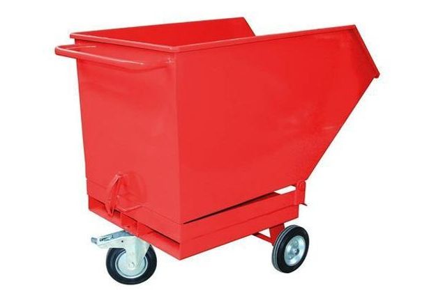 Pojízdný výklopný kontejner s kapsami pro vysokozdvižný vozík, objem 600 l, červený