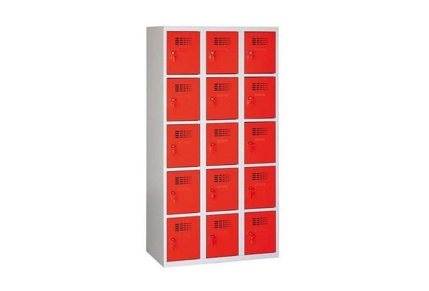 Svařovaná šatní skříň Eric odlehčená, 15 boxů, šedá/červená