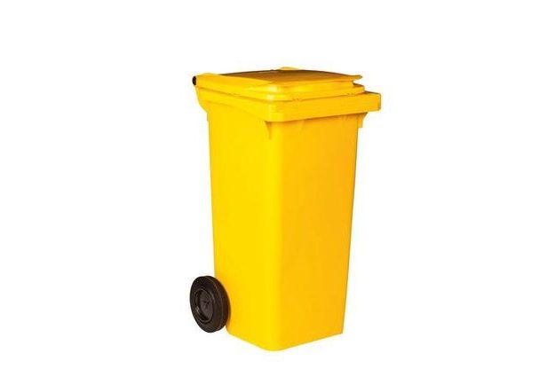 Plastová venkovní popelnice na tříděný odpad, objem 120 l, žlutá