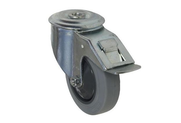 Gumové přístrojové kolo se středovým otvorem, průměr 100 mm, otočné s brzdou, valivé ložisko