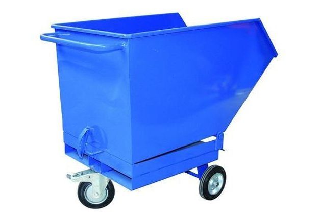 Pojízdný výklopný kontejner s kapsami pro vysokozdvižný vozík, objem 600 l, modrý
