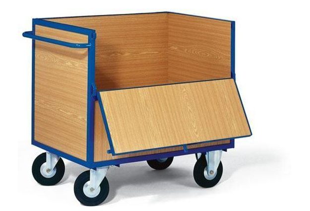 Plošinový vozík s madlem a plnými stěnami, do 400 kg, 2 sklopné stěny