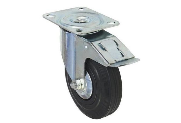 Gumové transportní kolo s přírubou, průměr 125 mm, otočné s brzdou, valivé ložisko