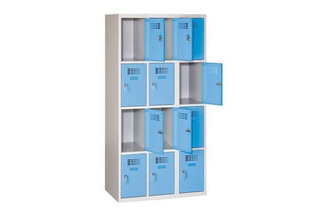 Svařovaná šatní skříň Eric odlehčená, 12 boxů, šedá/sv. modrá