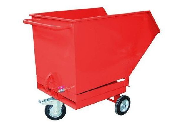 Pojízdný výklopný kontejner se sítem, výpustným kohoutem a kapsami pro vysokozdvižný vozík, objem 400 l, červený