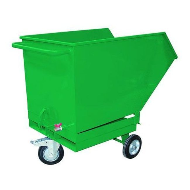 Pojízdný výklopný kontejner se sítem, výpustným kohoutem a kapsami pro vysokozdvižný vozík, objem 250 l, zelený