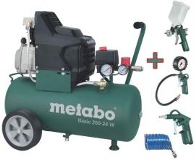 Naradi-Technika.cz - BASIC 250-24 W SET (690836000) KOMPRESOR BASIC  LEPENKOVÁ KRABICE; SE SADOU PNEUMATICKÉHO PŘÍSLUŠENSTVÍ LPZ 4 SET - Metabo  - Kompresory - Metabo