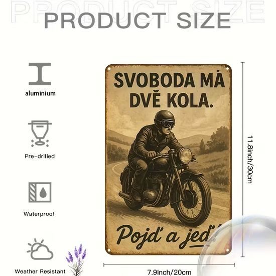 2D nástěnná vintage cedule, motiv SVOBODA MÁ DVĚ KOLA. POJĎ A JEĎ!