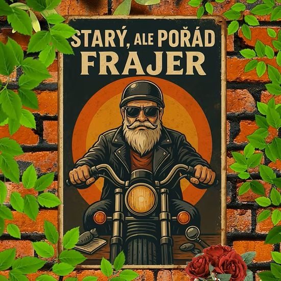 2D nástěnná vintage cedule, motiv STARÝ ALE POŘÁD FRAJER