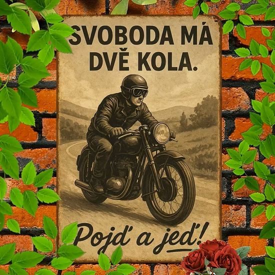 2D nástěnná vintage cedule, motiv SVOBODA MÁ DVĚ KOLA. POJĎ A JEĎ!