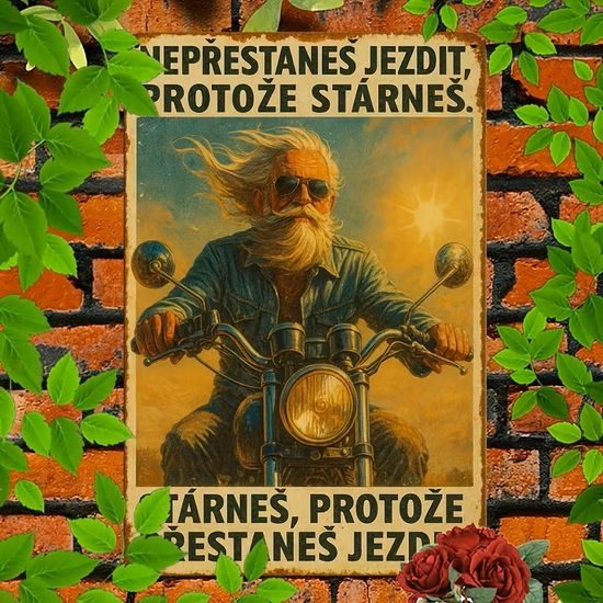 2D nástěnná vintage cedule, motiv NEPŘESTANEŠ JEZDIT PROTOŽE STÁRNEŠ. STÁRNEŠ, PROTOŽE PŘESTANEŠ JEZDIT