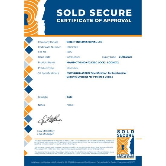 Mammoth Security MDX-12 zámek na kotouč 16mm Sold Secure Gold Approved