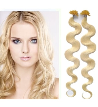 KERATIN- 100% Lidské vlasy k prodloužení REMY, přírodní Blond 45cm- vlnité 100pramenů- VÝPRODEJ
