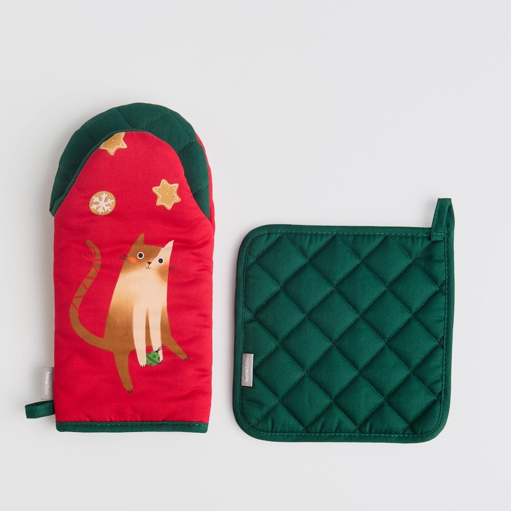 HOME & YOU Sada chňapka a podložka na nádobí kočka - červená