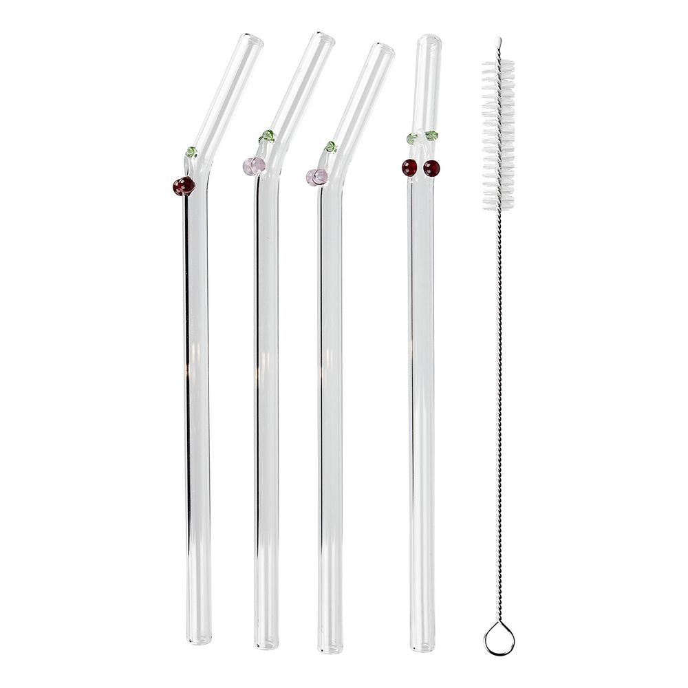 LONG DRINK Skleněná brčka s kartáčkem třešeň set 5 ks