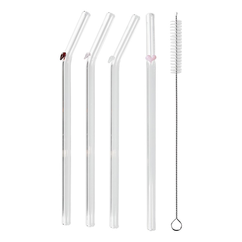 LONG DRINK Skleněná brčka s kartáčkem srdíčko set 5 ks