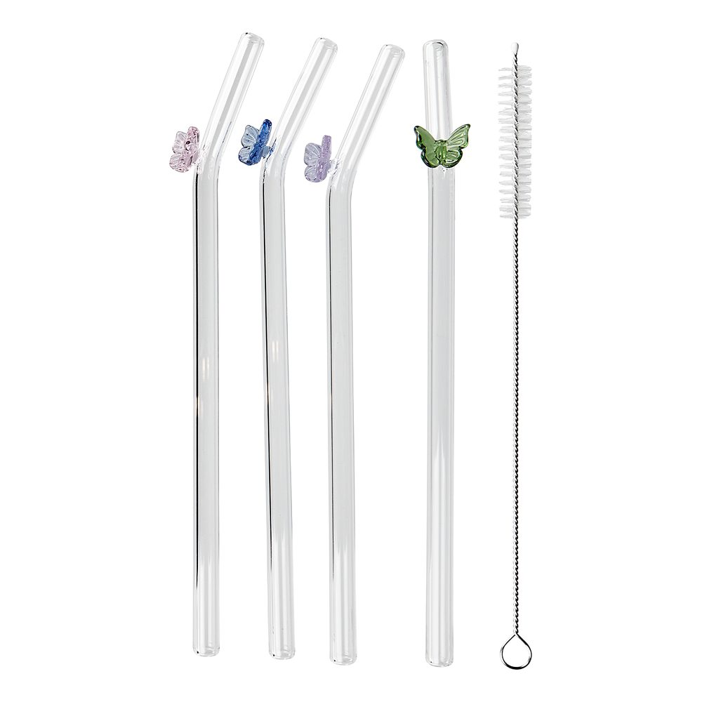 LONG DRINK Skleněná brčka s kartáčkem motýl set 5 ks