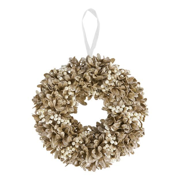 FLORISTA VĚNEC S PERLAMI TŘPYTIVÝ 33 CM - ZLATÁ