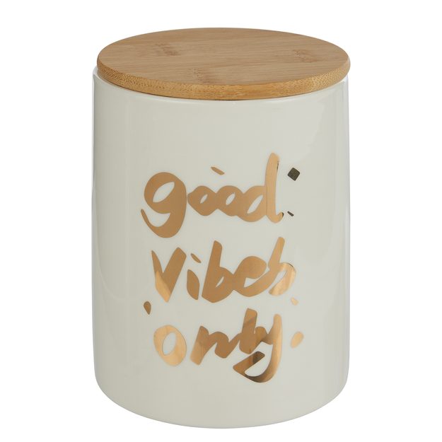 QUEEN IT DÓZA S NÁPISEM GOOD VIBES 14 CM - BÍLÁ