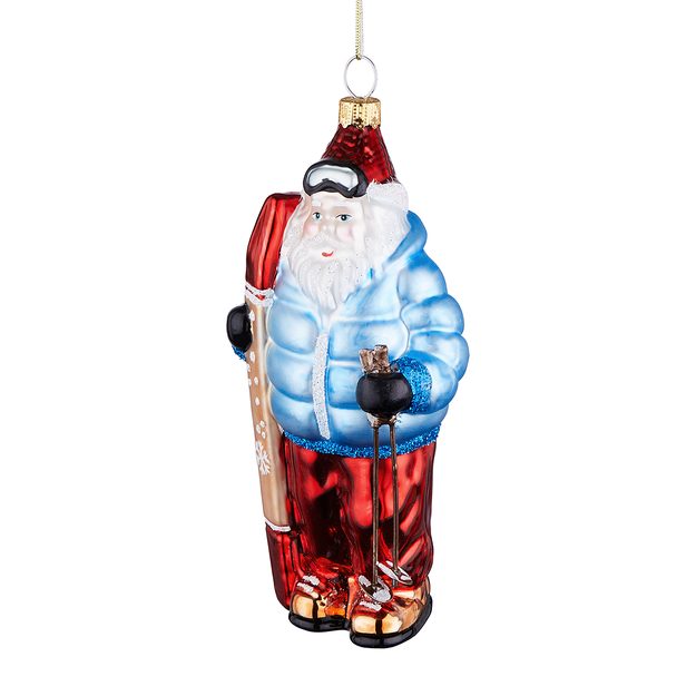 HANG ON SKLENĚNÁ OZDOBA SANTA S LYŽEMI