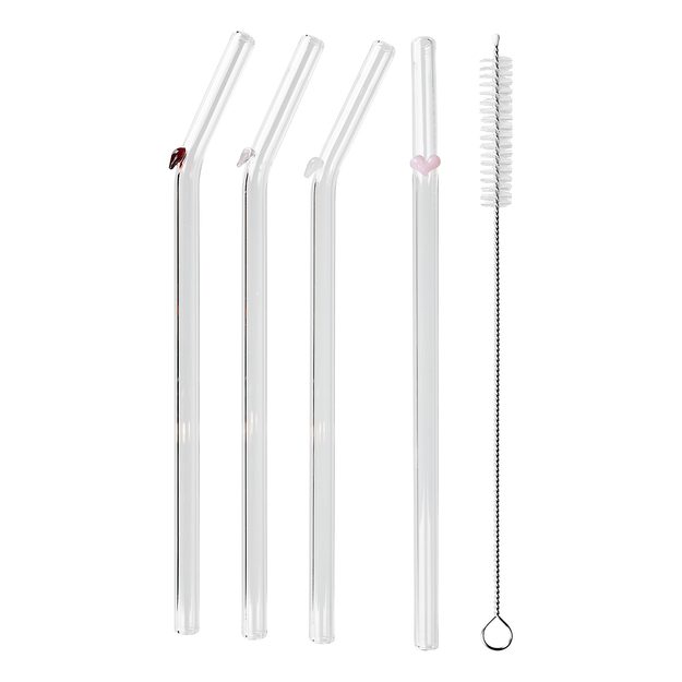 LONG DRINK SKLENĚNÁ BRČKA S KARTÁČKEM SRDÍČKO SET 5 KS