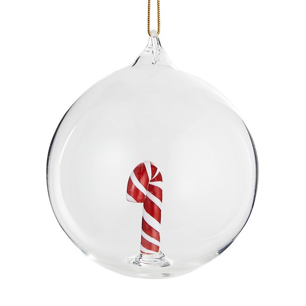 HANG ON SKLENĚNÁ KOULE "CANDY CANE" 9 CM - ČIRÁ