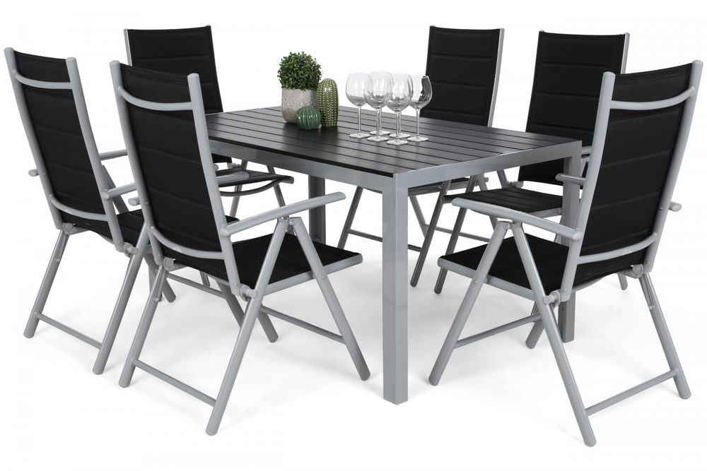 Levně Home Garden Zahradní set Ibiza se 6 židlemi a stolem 150 cm, stříbrný/černý
