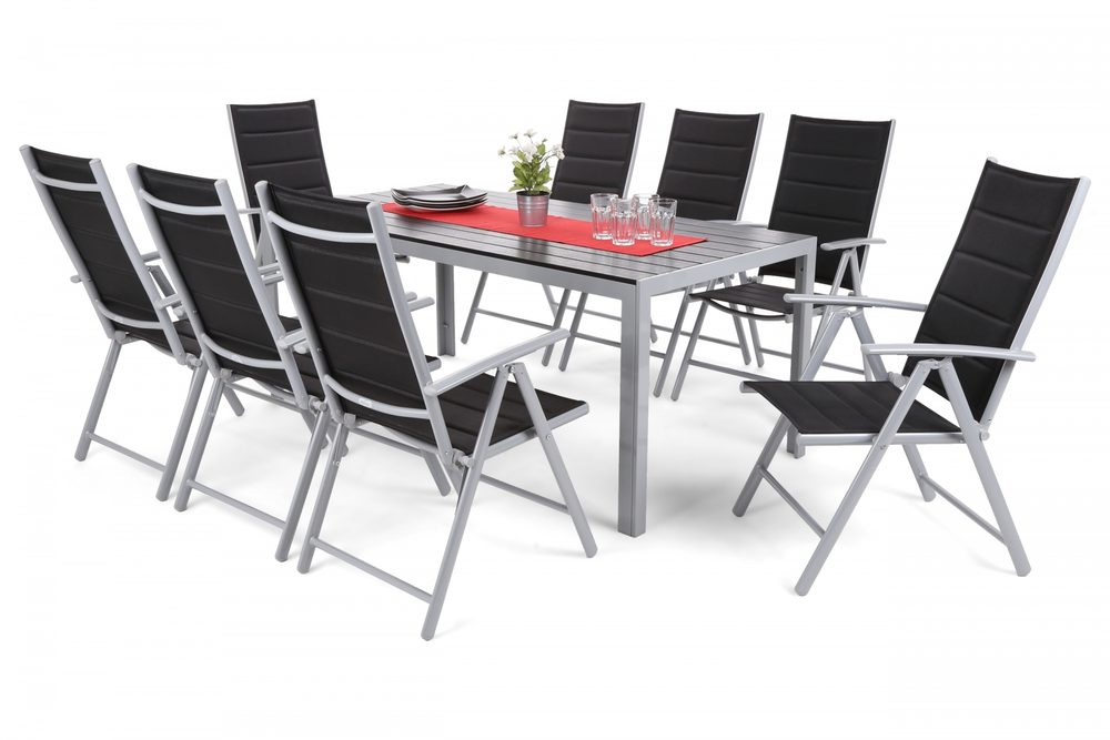 Levně Home Garden Zahradní set Ibiza s 8 židlemi a stolem 185 cm, stříbrný/černý