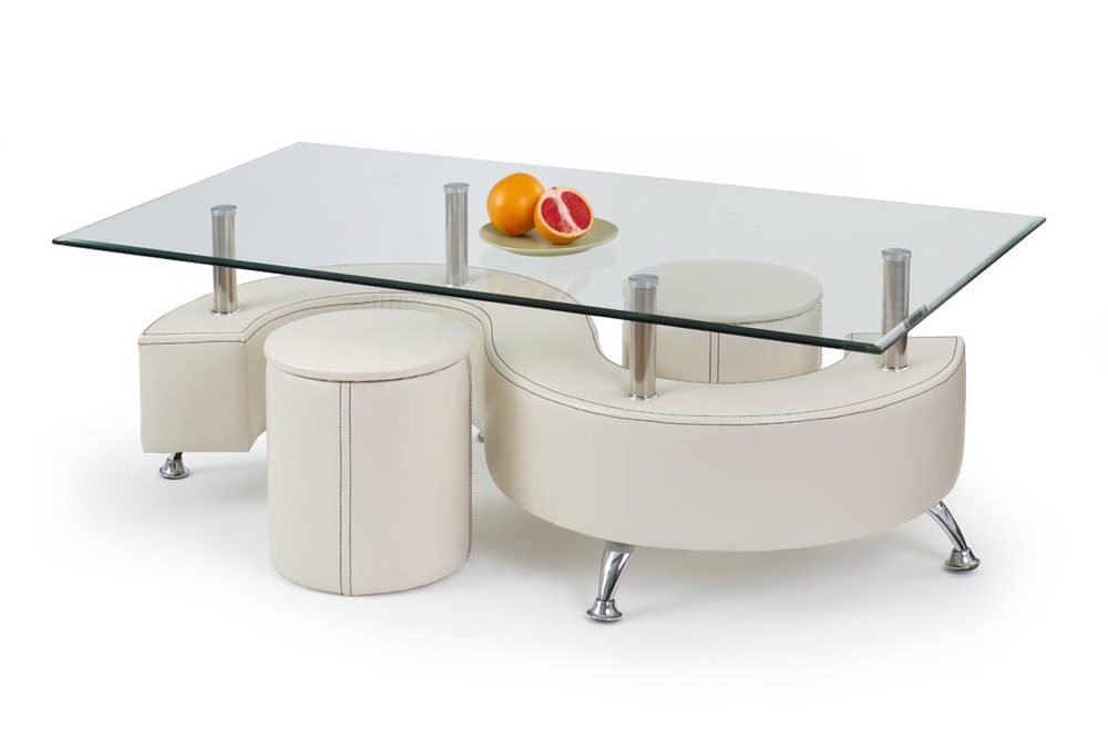 Halmar Konferenční stolek Nina 3 H, sklo/bílý + taburety