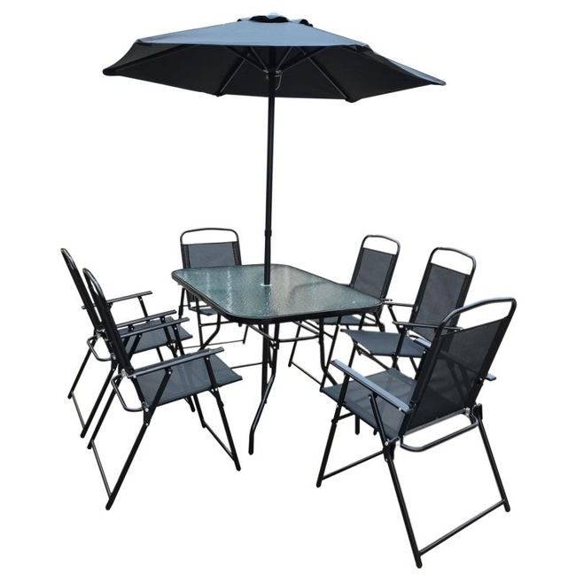 Zahradní sestava se slunečníkem Piere, hranatý stůl + 6 židlí, černá