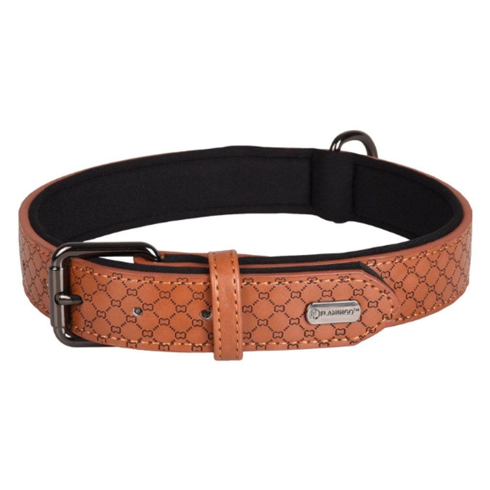 Kožený obojek Flamingo pro psy Patti hnědá - L/XL: 43-53cm