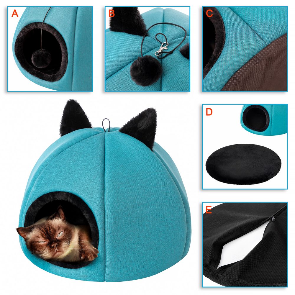 Reedog Kitty Head Blue Iglu pre mačky.

Mäkký vankúš s kožušinovým lemom: iglu obsahuje vankúš so snímateľným poťahom, ktorý možno ľahko vyprať.
Zábavná hračka: Na elastickej šnúre je pripevnená chlpatá loptička, s ktorou sa mačka môže hrať priamo vo svojom dome.
Odolné a bezpečné materiály: iglu je vyrobené z materiálov s certifikátom OEKO-TEX, ktorý zaručuje, že neobsahuje žiadne škodlivé látky.
Izolácia a pevná konštrukcia: Pevnú kostru iglu tvorí polyetylénová pena a spodná časť je vyrobená z netkanej textílie s izolačnými vlastnosťami, ktorá chráni pred vlhkosťou.

Tento domček na hranie je ideálny na relaxáciu, spánok a zábavu.
 

Veľkosť si môžete vybrať podľa tabuľky: (*Naše postele Reedog sú ručne šité, takže veľkosť sa môže mierne líšiť, ale nie viac ako 2 - 4 cm.)
 
Výhody

Kvalitný a odolný materiál
lôžko a búda v jednom
jedinečný dizajn
Certifikát OEKO-TEX

 
Nevýhody

žiadne

 
Obsah balenia

Iglu pre mačky Reedog
Technické špecifikácie sa môžu zmeniť bez predchádzajúceho upozornenia.