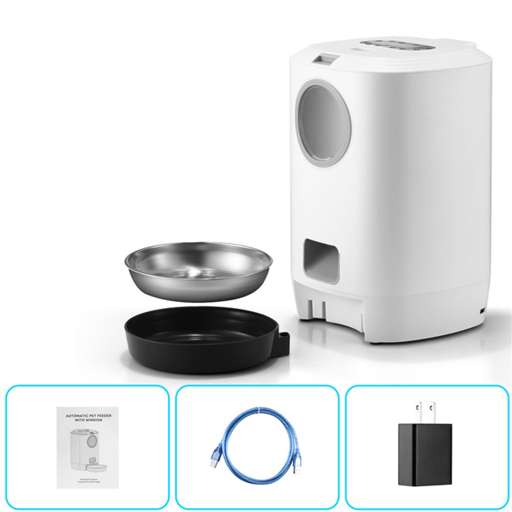 Automatický dávkovač krmiva Petwant 4,5 l.
 
Hlavné funkcie:

Automatické dávkovanie suchého krmiva
Vyberateľný zásobník a miska
Možnosť hlasové nahrávky do 10 s
Tichý dávkovacie motor
Dva režimy napájanie
Nerezová miska
Priehľadný otvor pre sledovanie stavu krmivá
Protišmykové nožičky na spodnej strane
Vhodné pre granule veľkosti od 5 - 15 mm
Obsah 4,5 l
Rozměry: 30 x 19,8 x 32,8 cm

 

 
Výhody

Priehľadné okienko
Dva režimy napájanie
Automatické ukladanie dát podávanie krmiva
Kapacita 4,5 l
1-20 porcií na jedlo, 4 jedlá denne
Pre psov a mačky
Hlasový záznam 10 s
Nerezová miska
Vstavané hodiny a LCD displej

 Nevýhody

Iba na suché krmivo
Nemá kameru alebo obojcestný mikrofón
Iba manuálny ovládanie
Batérie nie sú súčasťou balenia

 Obsah balení

Dávkovač Petwant
Napájací kábel