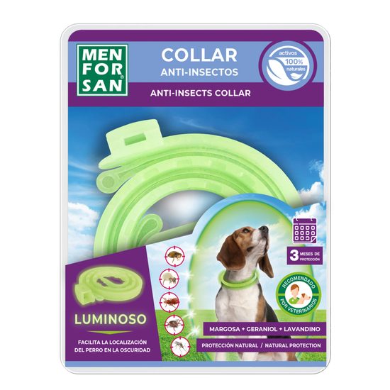 Collar luminiscente anti-insectos para perros con margosa, geraniol y lavandino